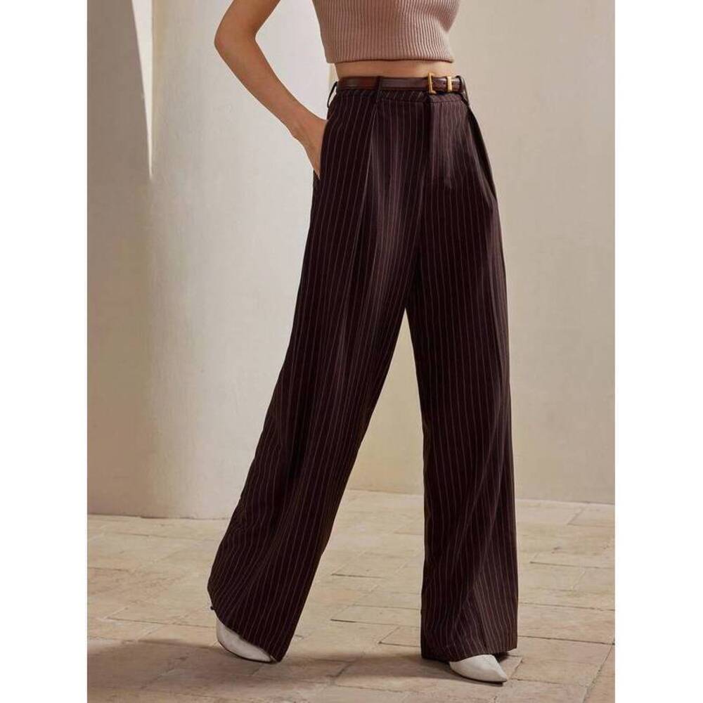 Anewsta Women's Modern Minimalist Commuter Maillard Brown Striped Straight Leg W - Picture 5 of 7